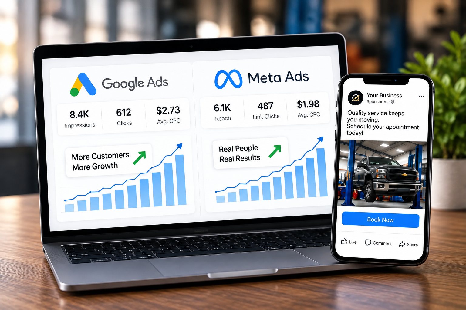 Google Ads and Meta Ads performance dashboards shown on a laptop, with a sponsored social ad on a phone