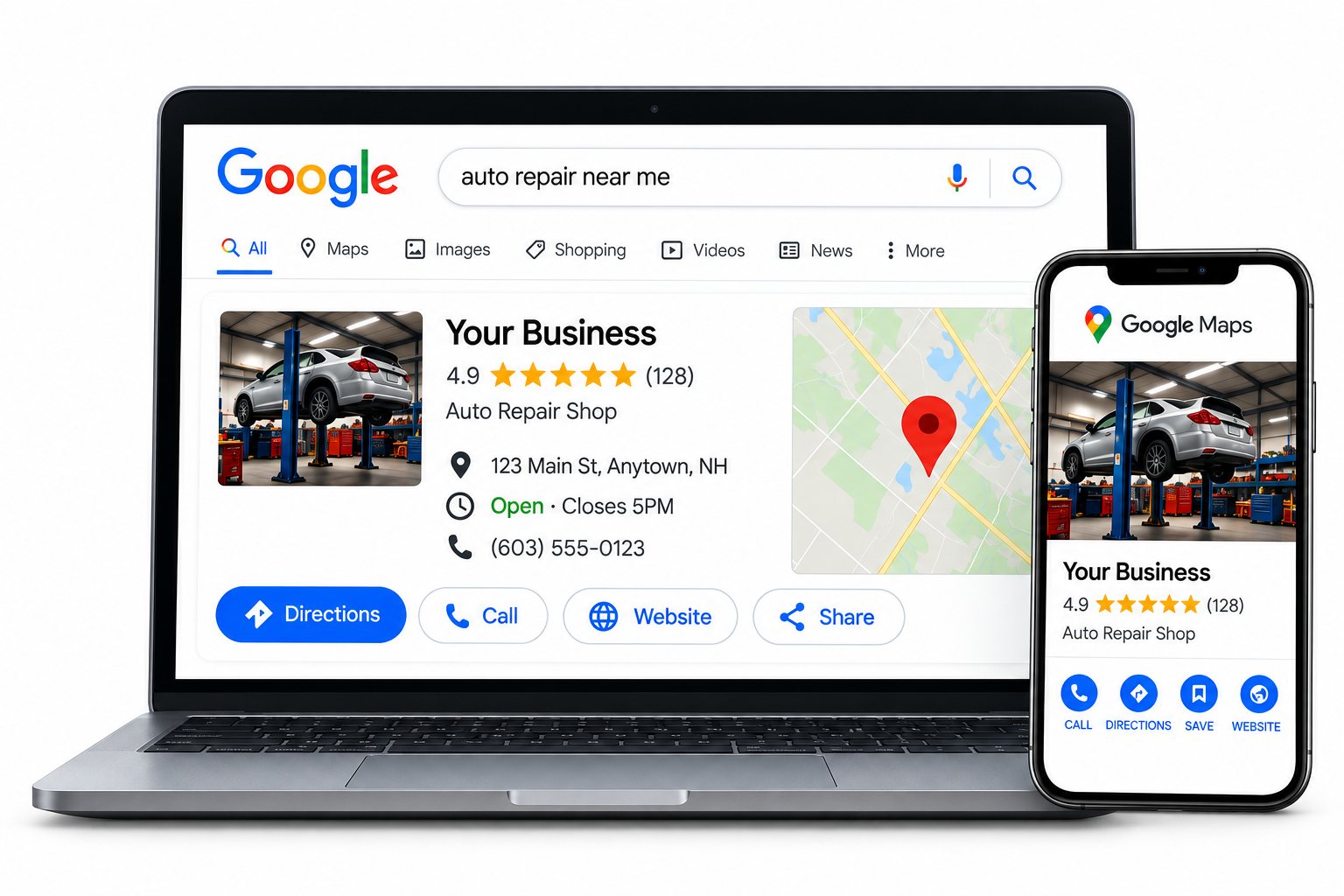 A Google search result and Google Maps listing for a local business, shown on a laptop and phone