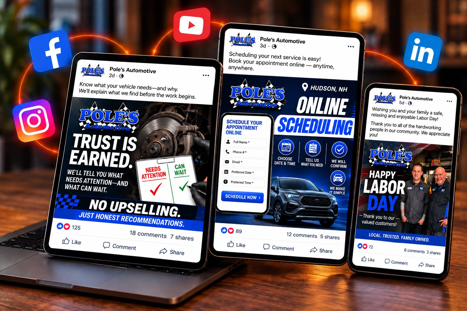 Pole's Automotive social media posts shown across tablet and phone screens, connected to Facebook, Instagram, YouTube, and LinkedIn